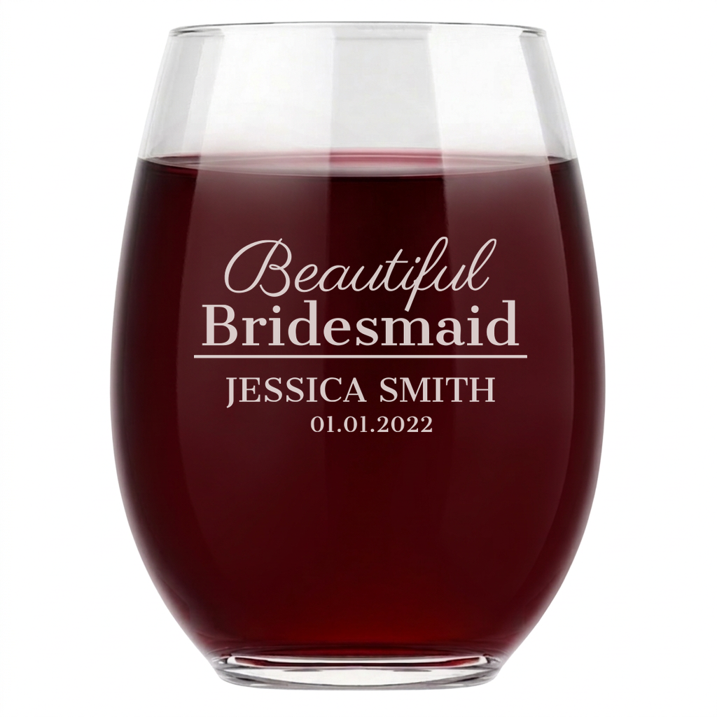 Personalized Wine Glass for Bridesmaid Custom Engraved 15 oz Stemless Wine Glass