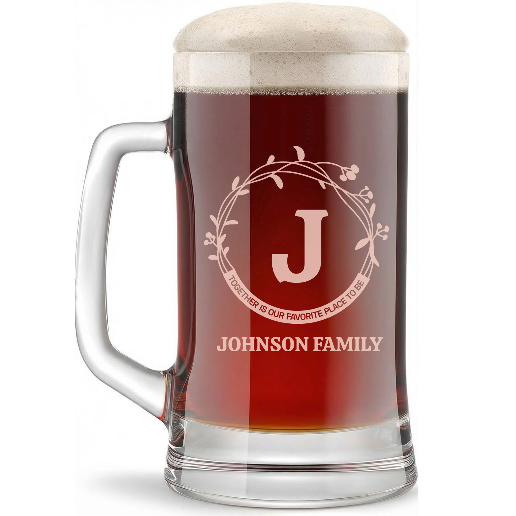 Personalized Beer Mug with Family Name Custom Engraved 16 oz Glass Beer Mug