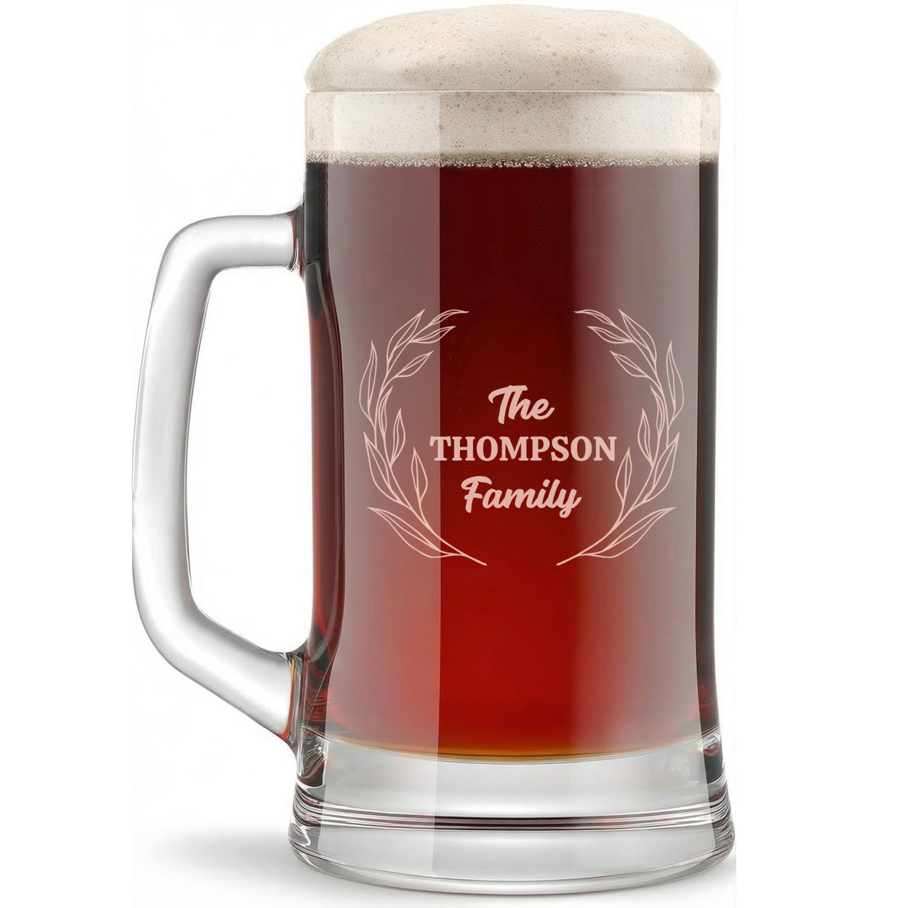 Personalized Beer Mug with Surname Custom Engraved 16 oz Glass Beer Mug