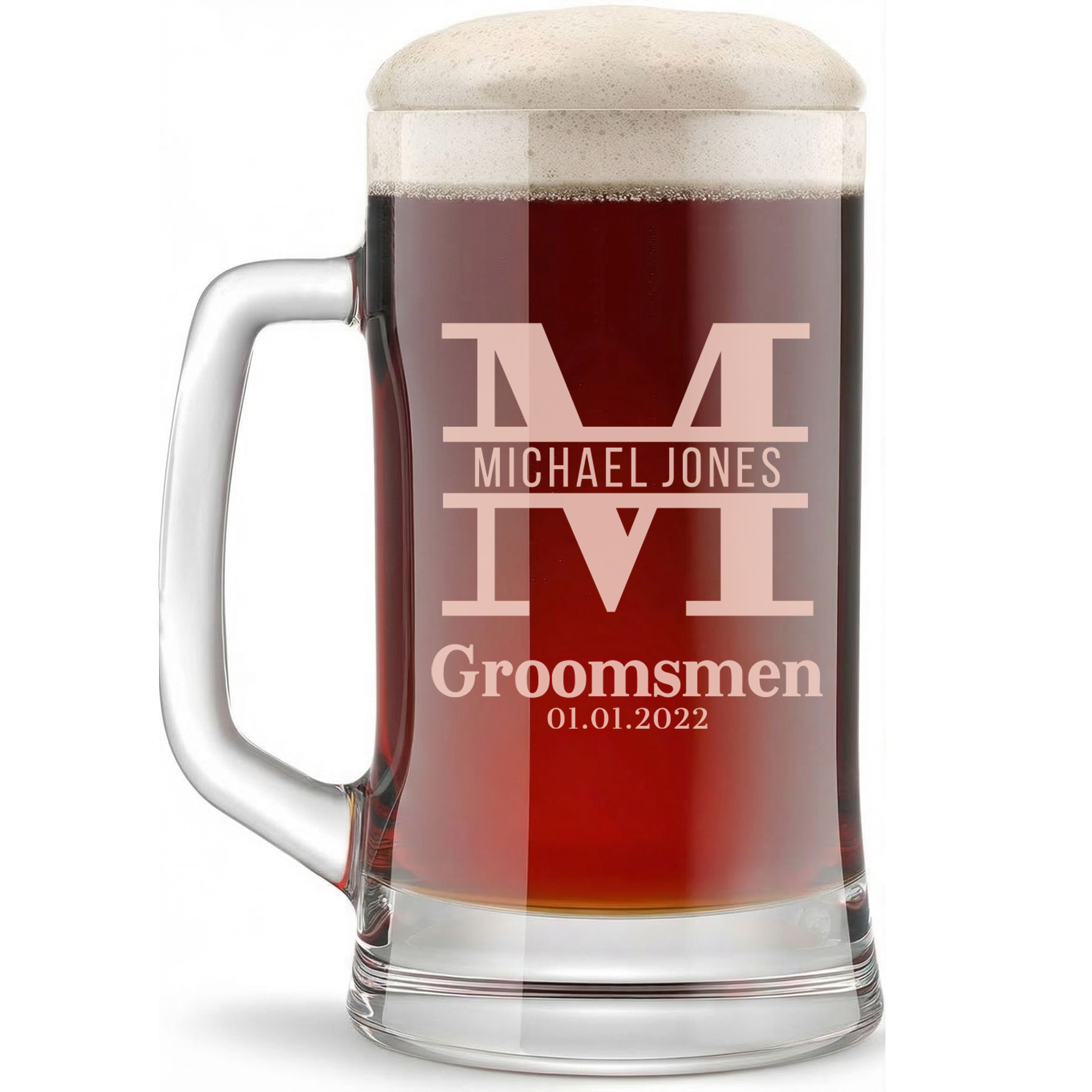 Personalized Groomsmen Themed Beer Mug Custom Engraved 16 oz Glass Beer Mug