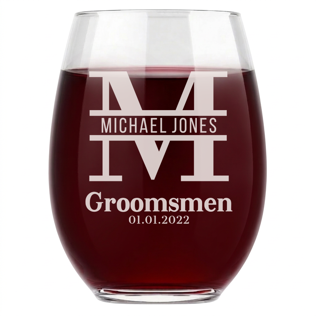 Personalized Groomsmen Themed Wine Glass Custom Engraved 15 oz Stemless Wine Glass