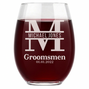 Personalized Groomsmen Themed Wine Glass Custom Engraved 15 oz Stemless Wine Glass