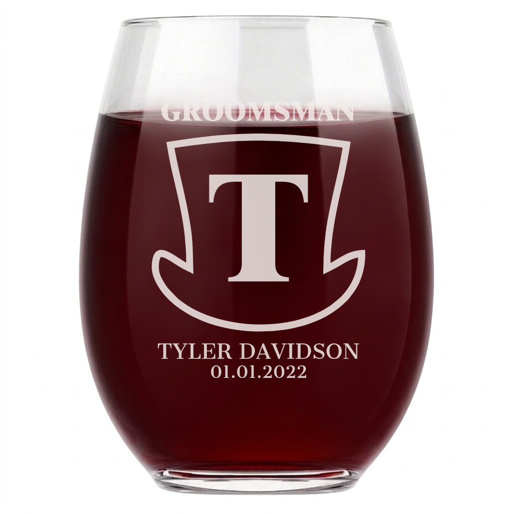 Personalized Groomsmen Themed Wine Glass Custom Engraved 15 oz Stemless Wine Glass