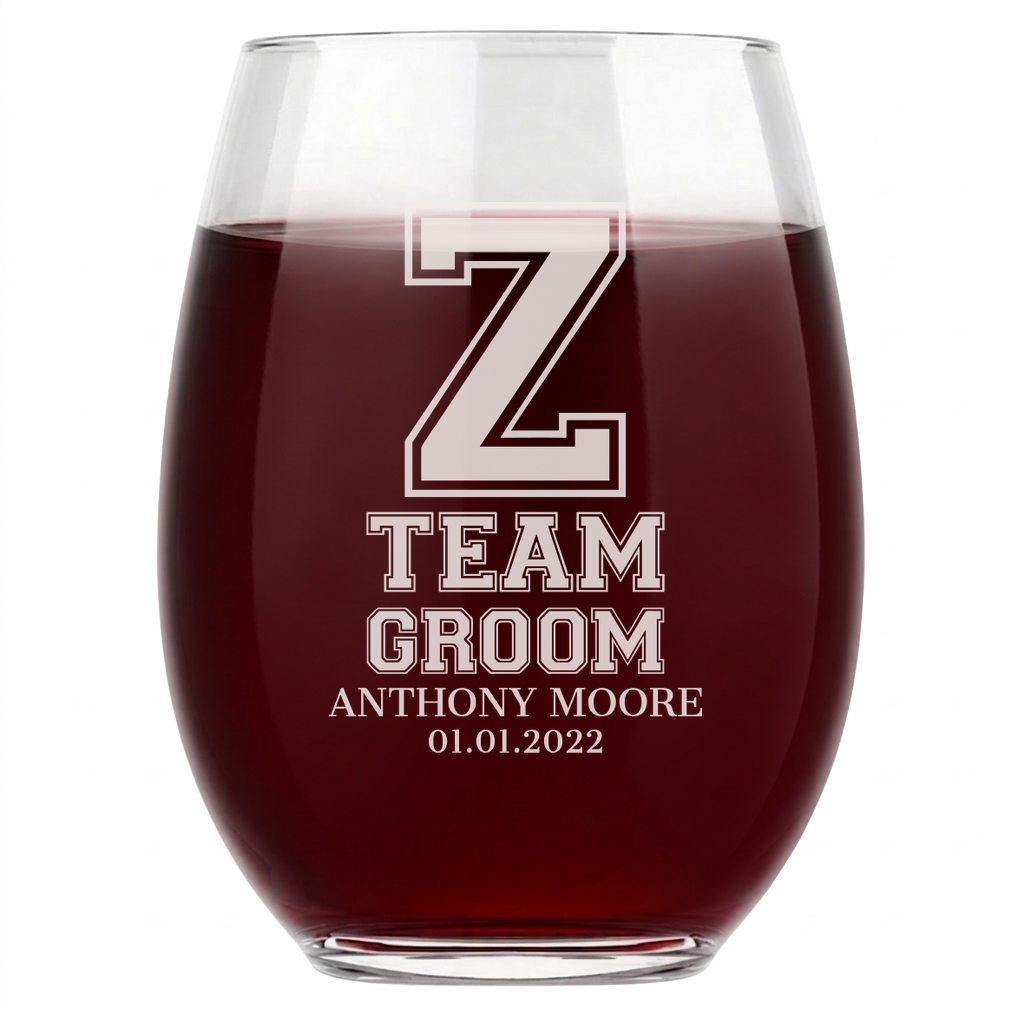 Personalized Groomsmen Themed Wine Glass Custom Engraved 15 oz Stemless Wine Glass