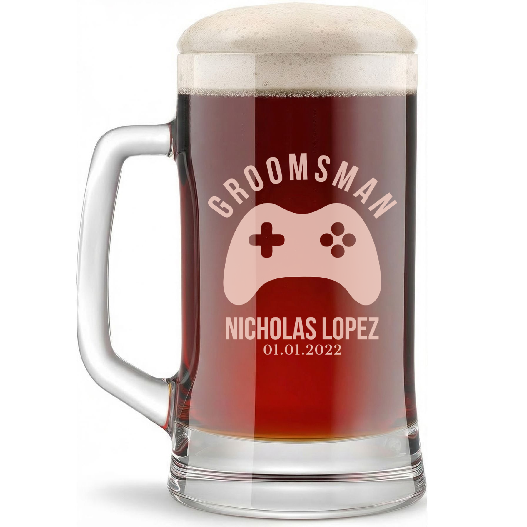 Personalized Groomsmen Themed Beer Mug Custom Engraved 16 oz Glass Beer Mug