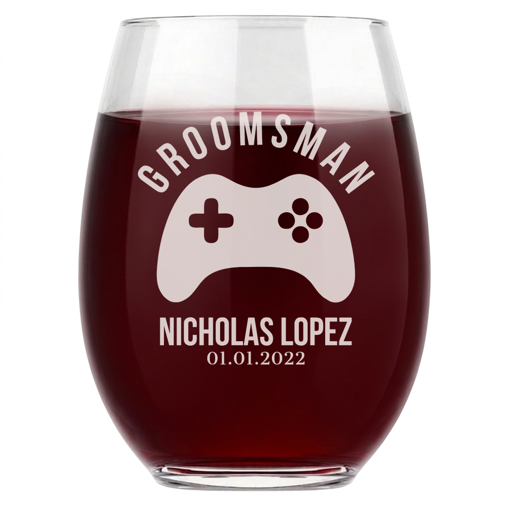 Personalized Groomsmen Themed Wine Glass Custom Engraved 15 oz Stemless Wine Glass