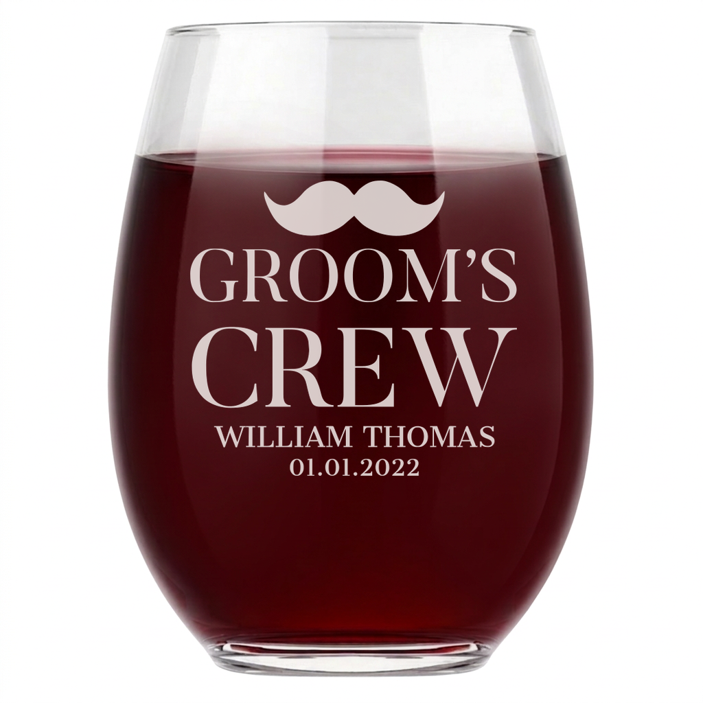 Personalized Groomsmen Themed Wine Glass Custom Engraved 15 oz Stemless Wine Glass