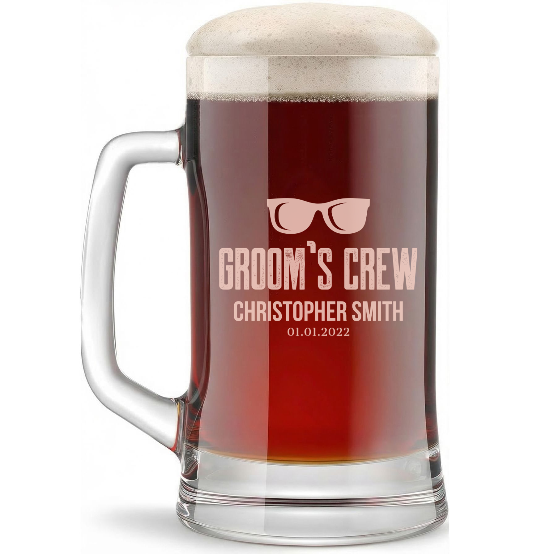 Personalized Beer Mug for Groomsmen Custom Engraved 16 oz Glass Beer Mug