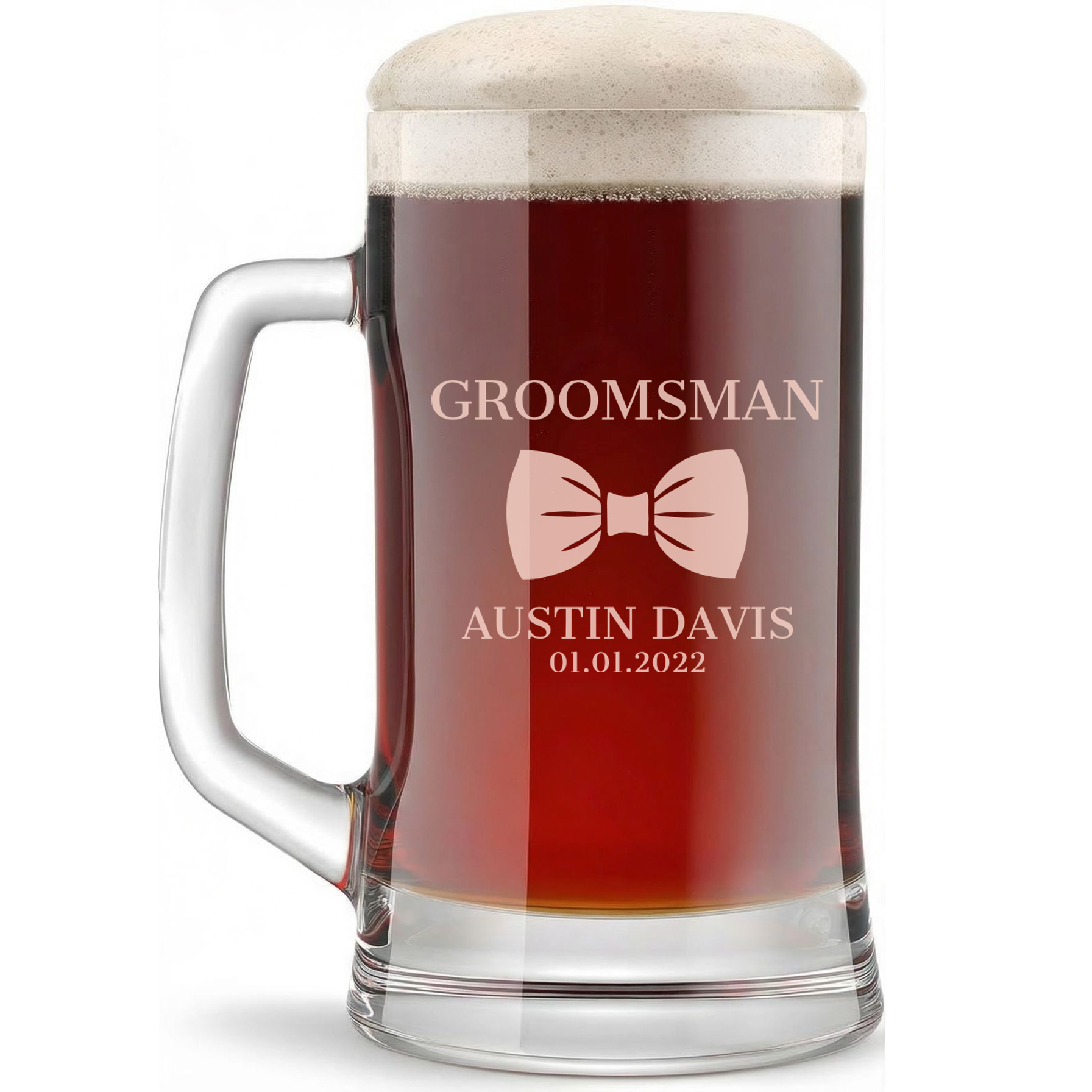 Personalized Beer Mug for Groomsmen Custom Engraved 16 oz Glass Beer Mug