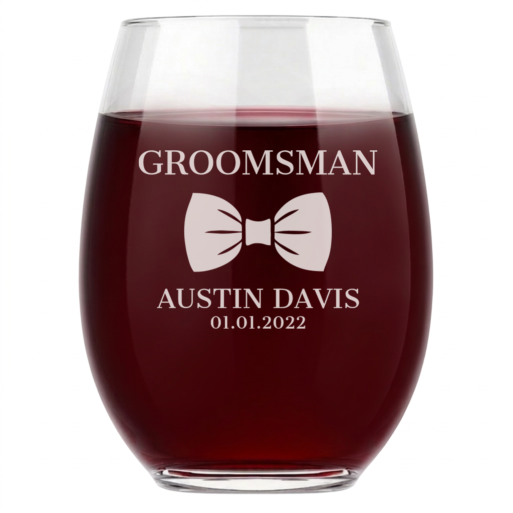 Personalized Wine Glass for Groomsmen Custom Engraved 15 oz Stemless Wine Glass