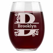 Personalized 1 Letter Monogram Wine Glass Custom Engraved 15 oz Stemless Wine Glass
