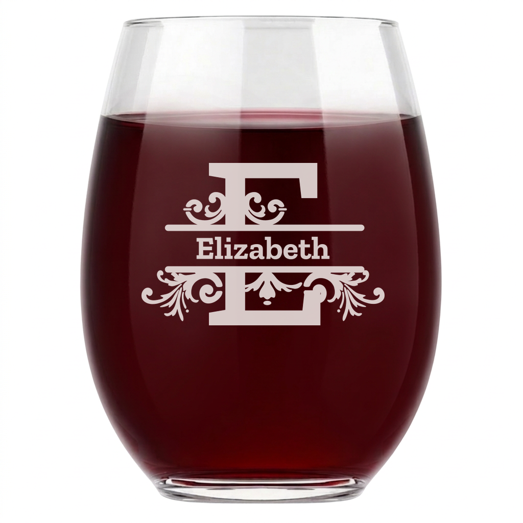 Personalized 1 Letter Monogram Wine Glass Custom Engraved 15 oz Stemless Wine Glass