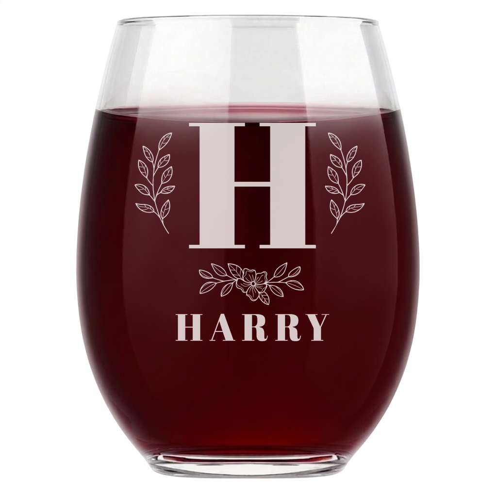Personalized 1 Letter with Name Monogram Wine Glass Custom Engraved 15 oz Stemless Wine Glass