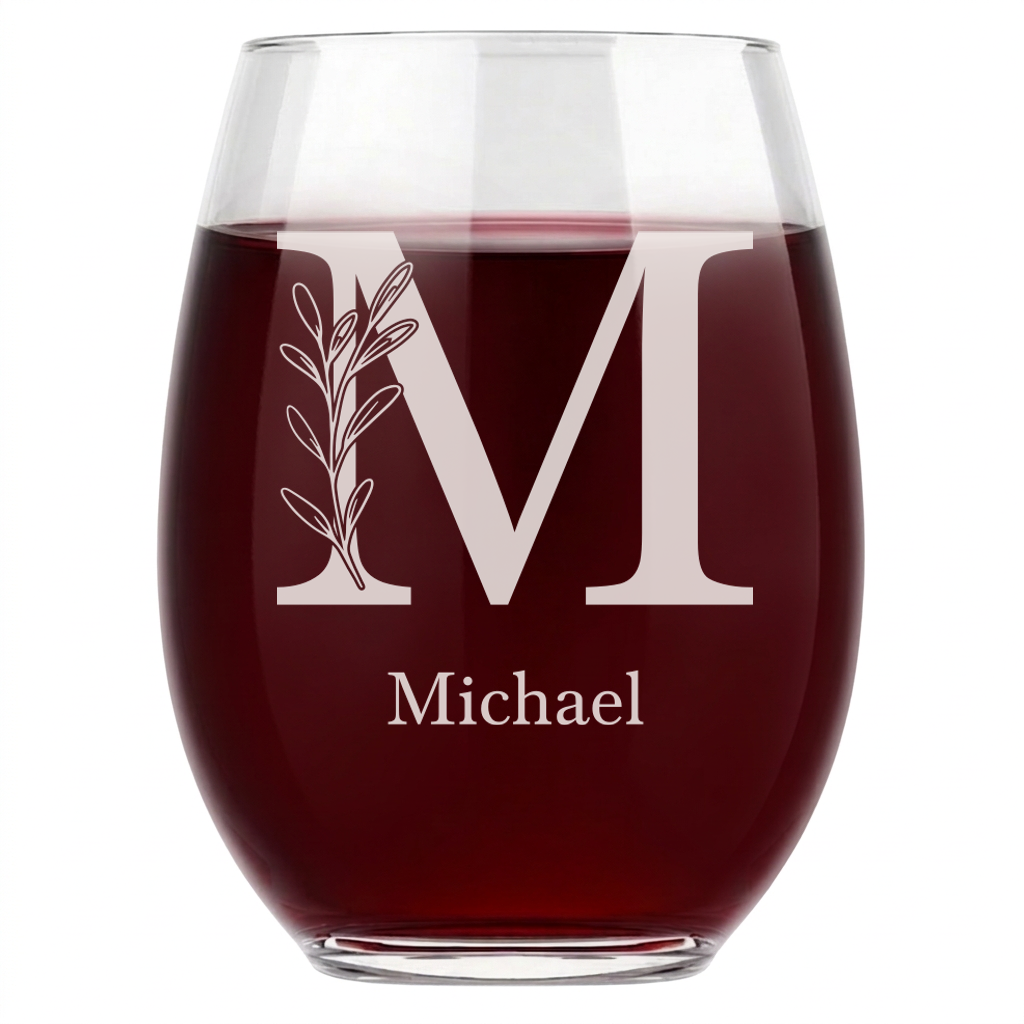 Personalized 1 Letter with Name Monogram Wine Glass Custom Engraved 15 oz Stemless Wine Glass