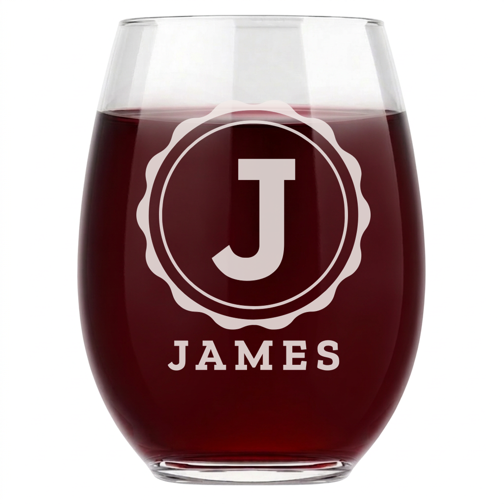 Personalized 1 Letter with Name Monogram Wine Glass Custom Engraved 15 oz Stemless Wine Glass