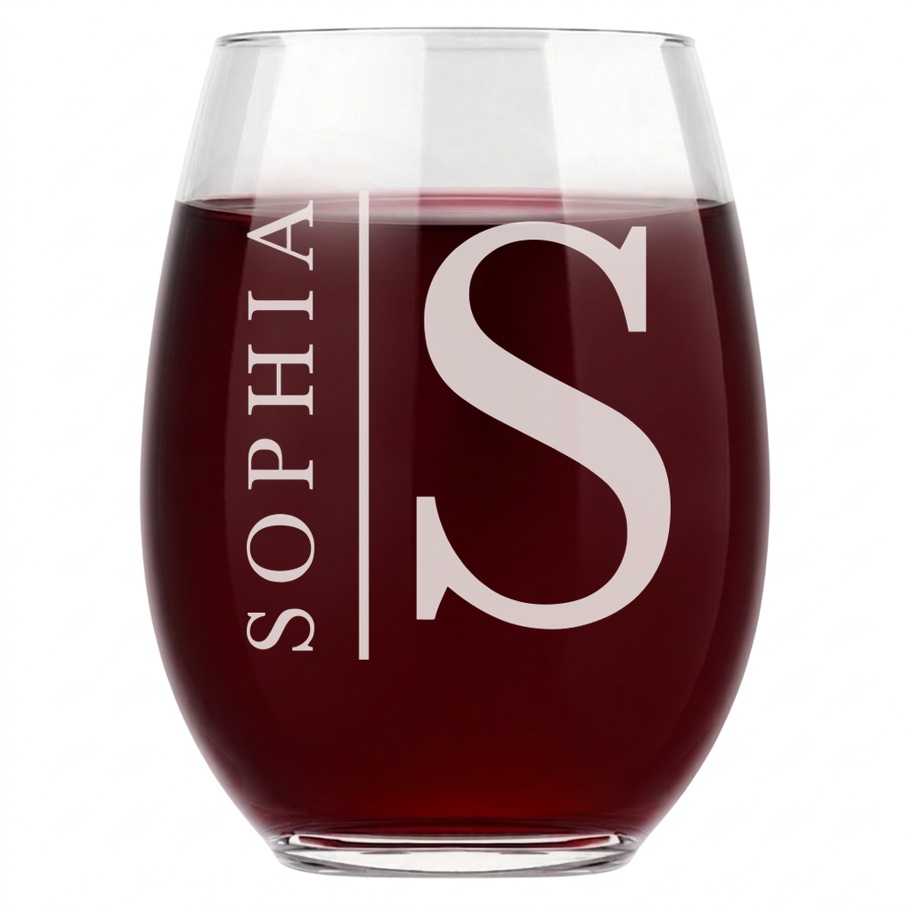 Personalized 1 Letter with Name Monogram Wine Glass Custom Engraved 15 oz Stemless Wine Glass