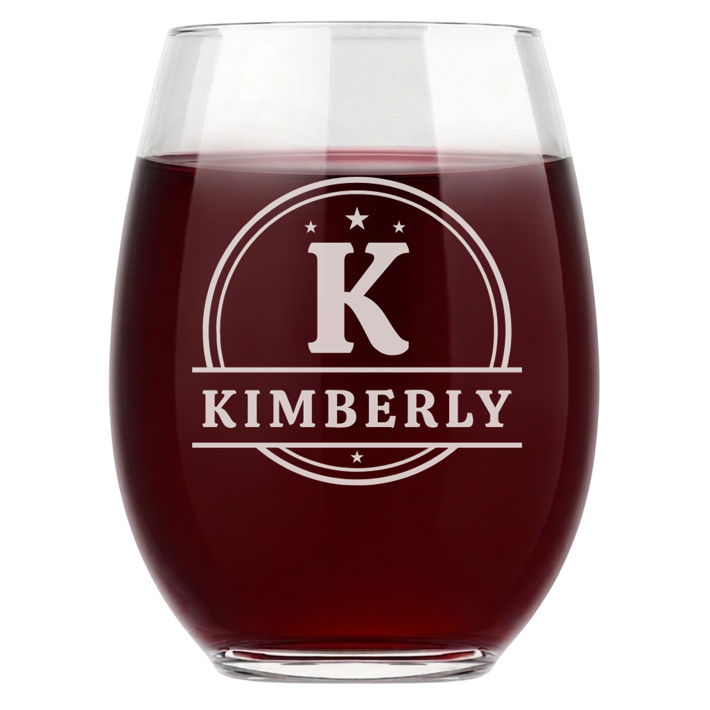 Personalized 1 Letter with Name Monogram Wine Glass Custom Engraved 15 oz Stemless Wine Glass