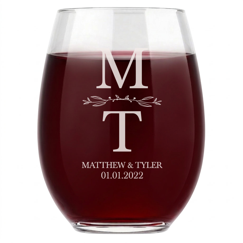 Personalized Wedding Themed Wine Glass Custom Engraved 15 oz Stemless Wine Glass