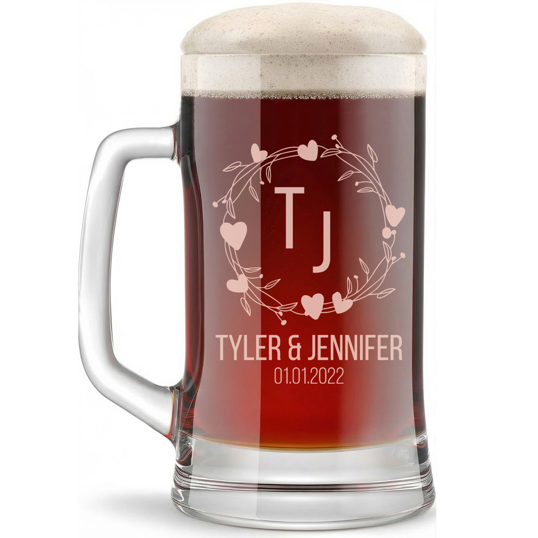 Personalized Wedding Themed Beer Mug Custom Engraved 16 oz Glass Beer Mug