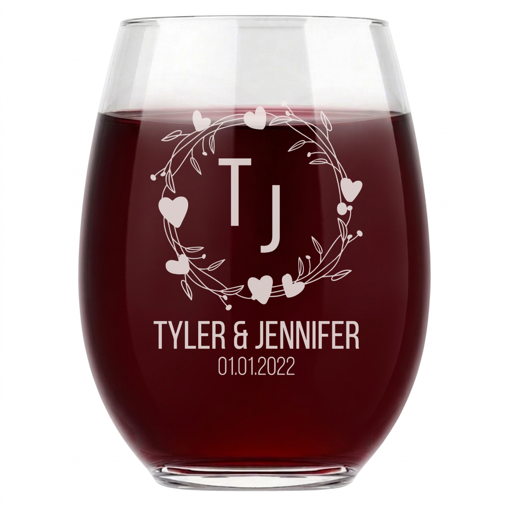 Personalized Wedding Themed Wine Glass Custom Engraved 15 oz Stemless Wine Glass