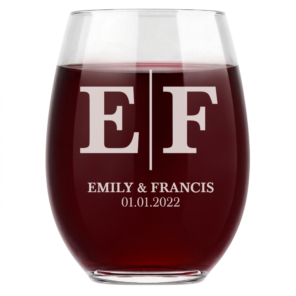 Personalized Wedding Themed Wine Glass Custom Engraved 15 oz Stemless Wine Glass