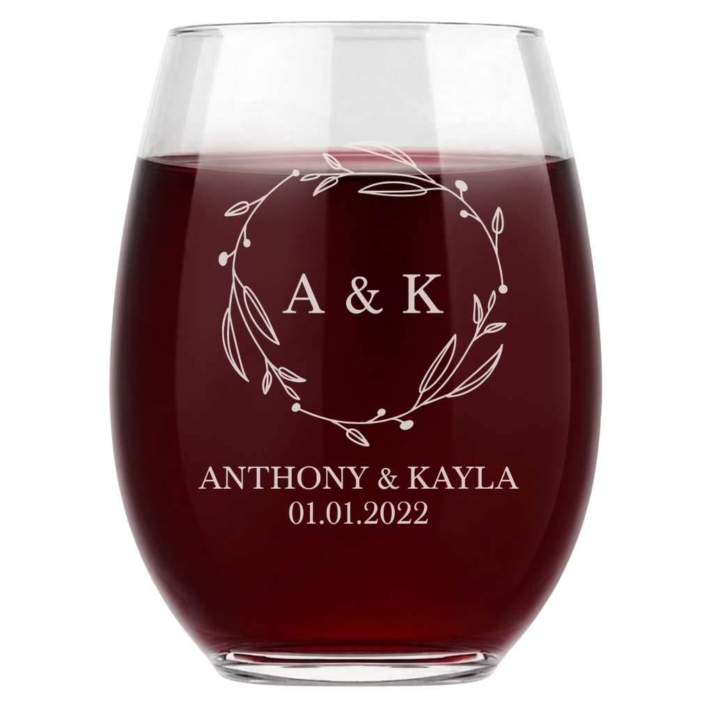 Personalized Wedding Themed Wine Glass Custom Engraved 15 oz Stemless Wine Glass