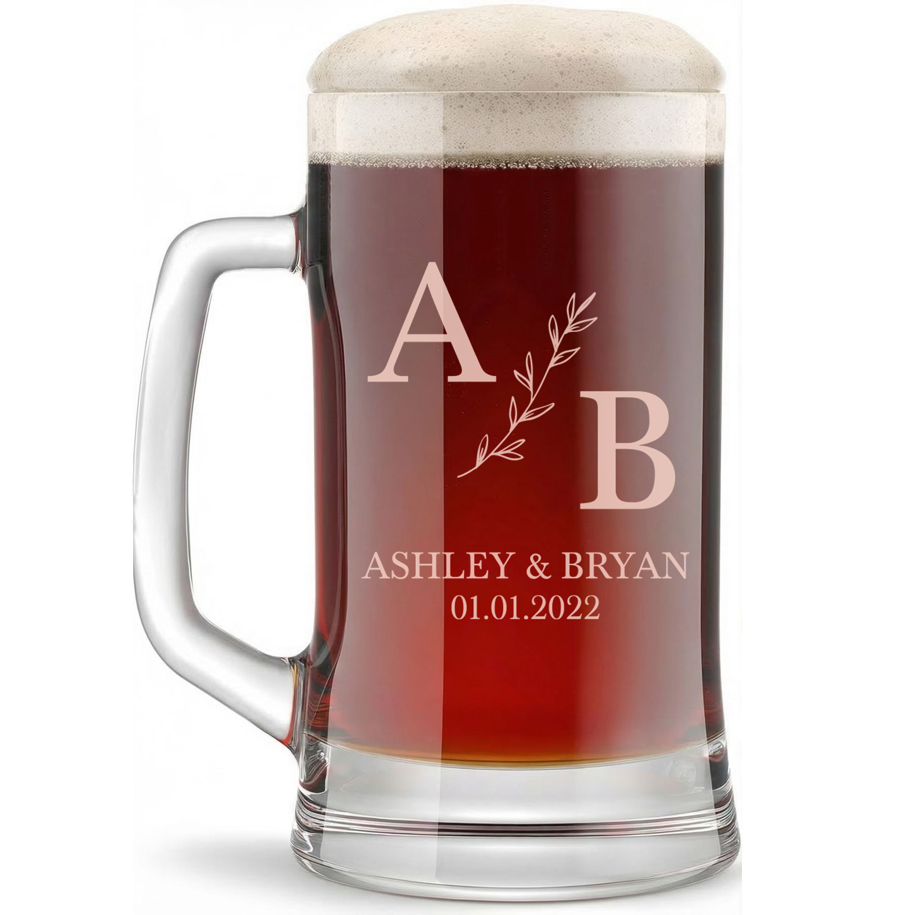 Personalized Wedding Themed Beer Mug Custom Engraved 16 oz Glass Beer Mug