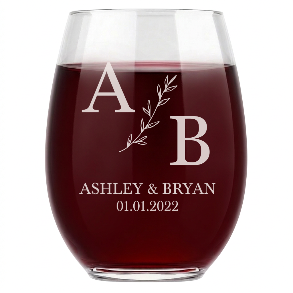 Personalized Wedding Themed Wine Glass Custom Engraved 15 oz Stemless Wine Glass