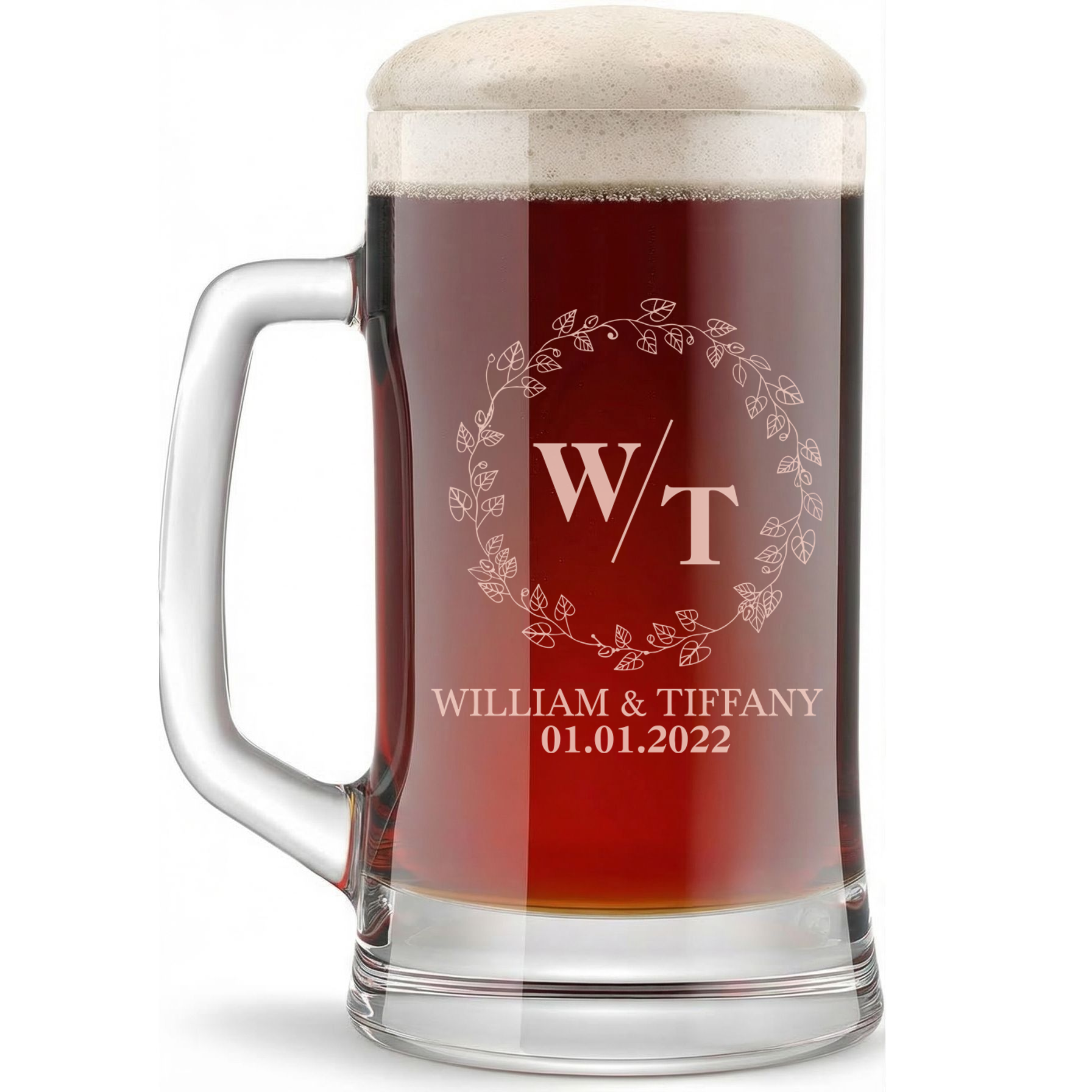 Personalized Wedding Themed Beer Mug with Names Custom Engraved 16 oz Glass Beer Mug