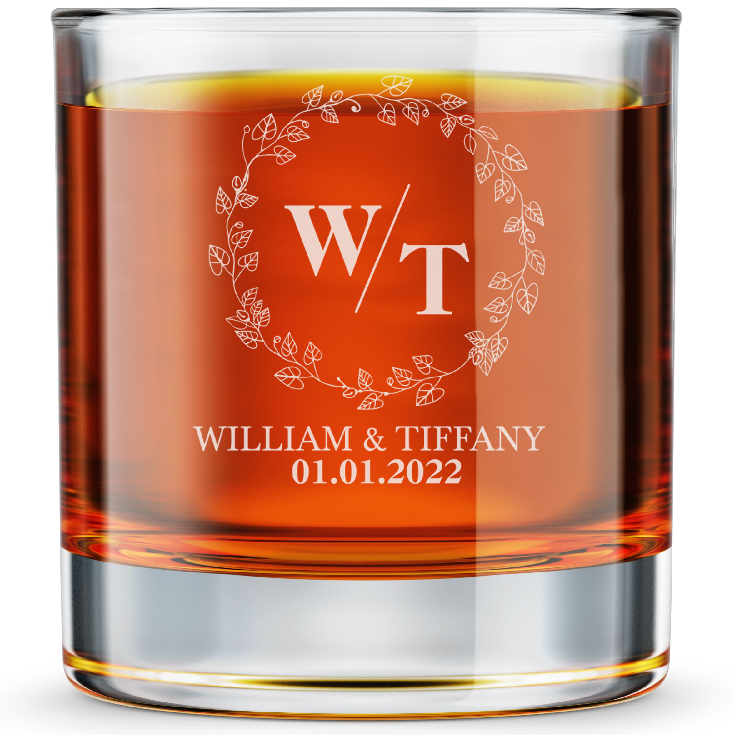 Personalized  Wedding Themed Whiskey Glass with Names Custom Engraved Old Fashioned Glass 11 oz