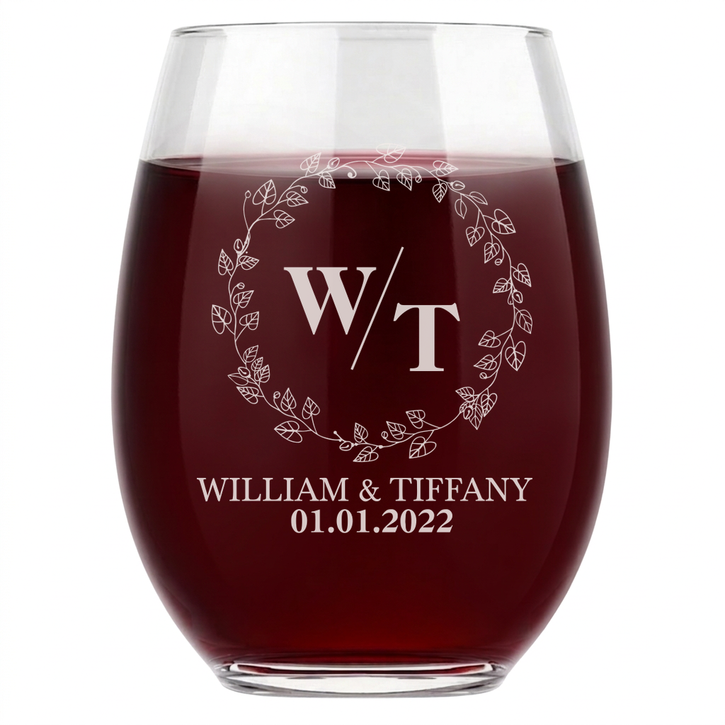 Personalized Wedding Themed Wine Glass with Names Custom Engraved 15 oz Stemless Wine Glass