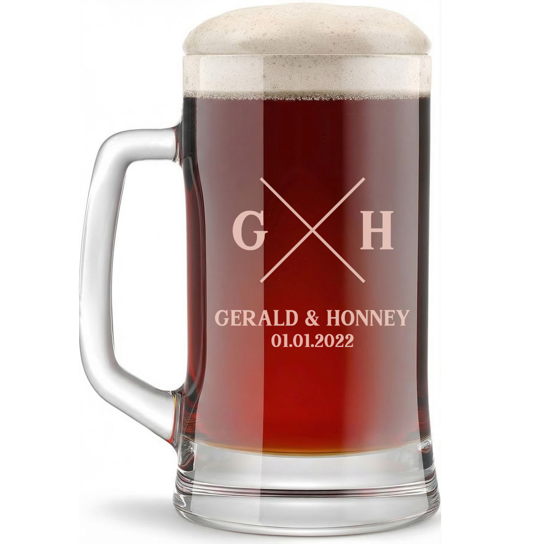 Personalized Wedding Themed Beer Mug with Names Custom Engraved 16 oz Glass Beer Mug