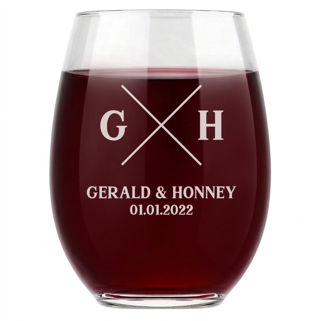 Personalized Wedding Themed Wine Glass with Names Custom Engraved 15 oz Stemless Wine Glass