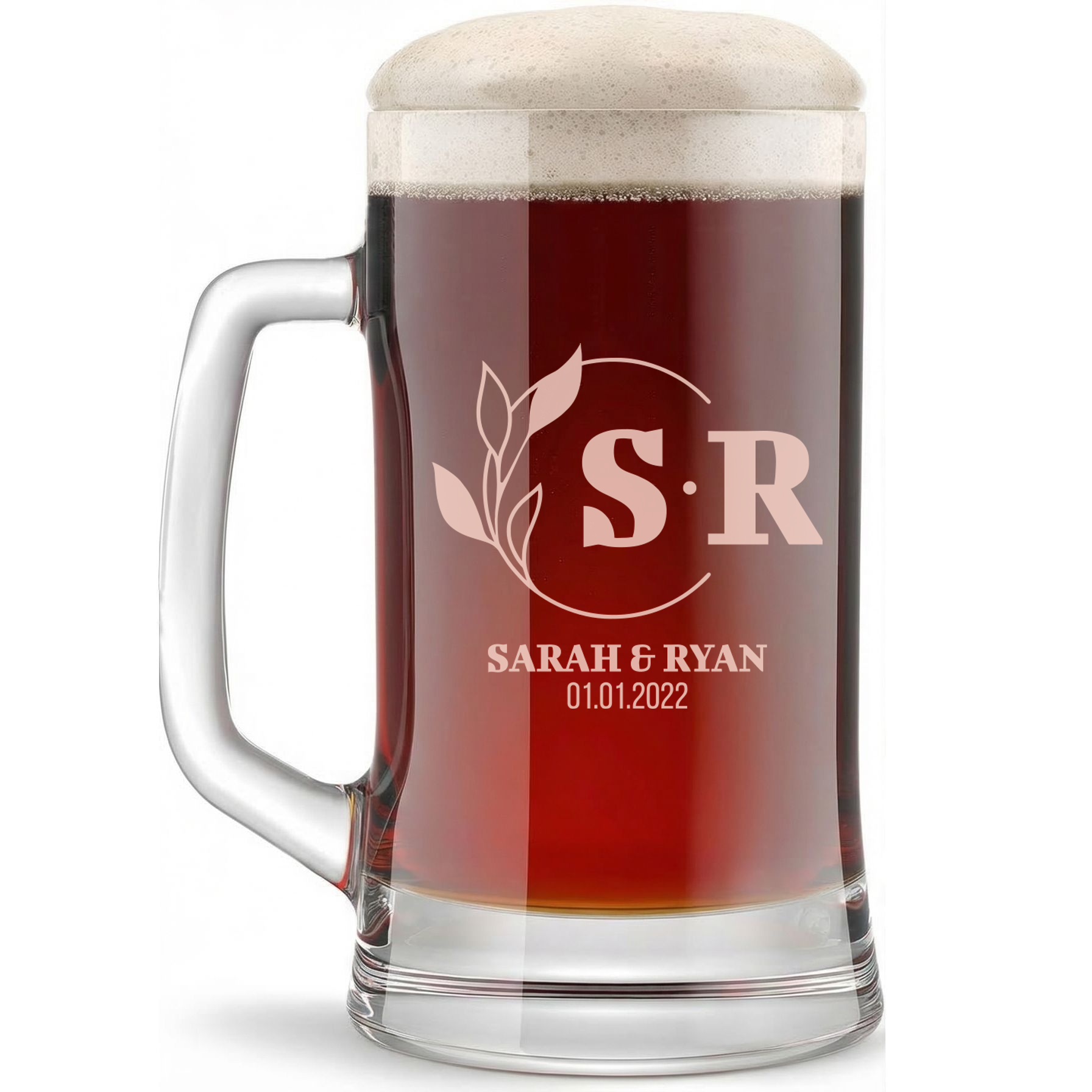 Personalized Wedding Themed Beer Mug with Names Custom Engraved 16 oz Glass Beer Mug