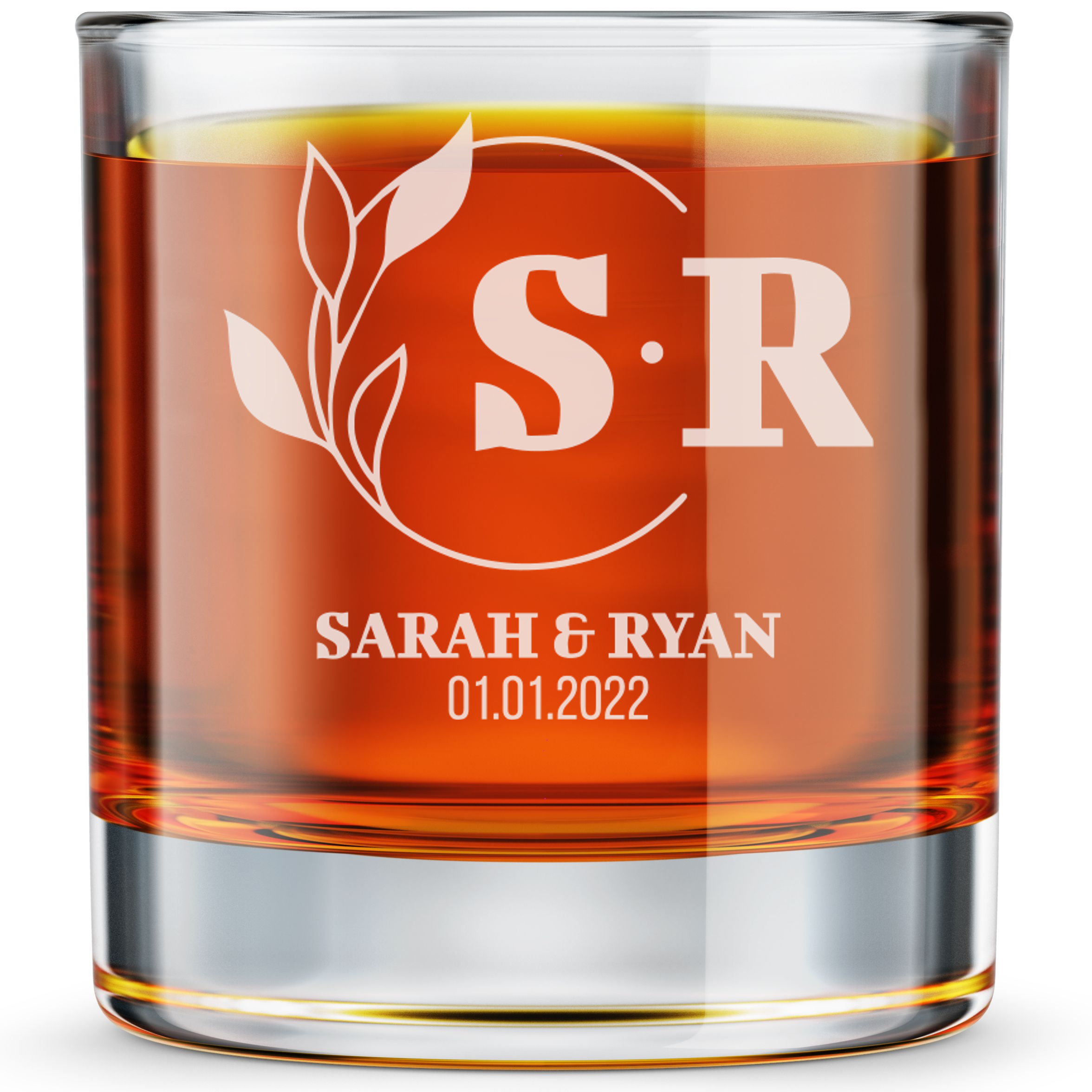 Personalized  Wedding Themed Whiskey Glass with Names Custom Engraved Old Fashioned Glass 11 oz