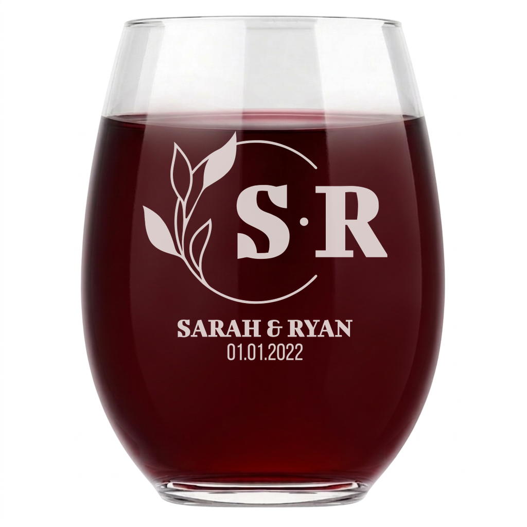 Personalized Wedding Themed Wine Glass with Names Custom Engraved 15 oz Stemless Wine Glass