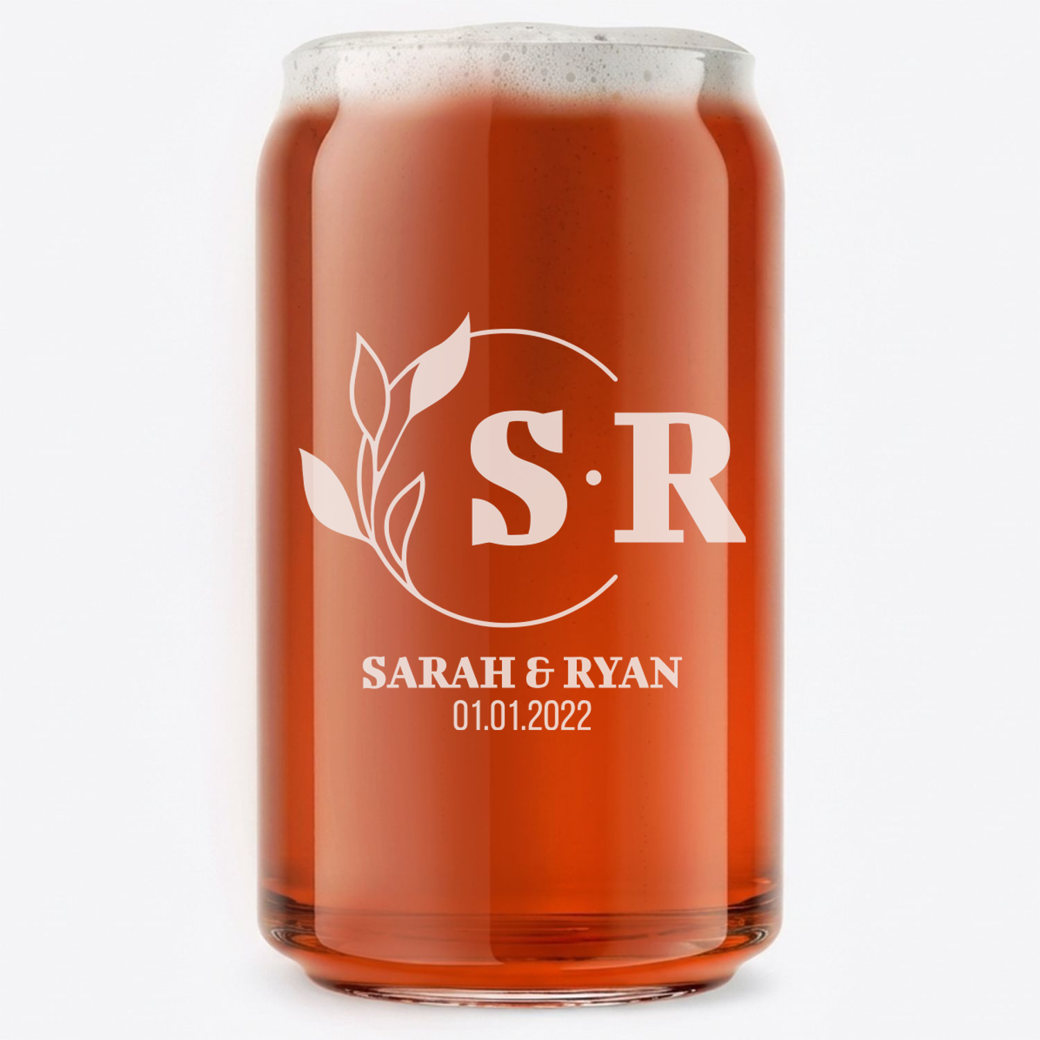 Personalized Wedding Themed Beer Can with Names Custom Engraved 16 oz Beer Can Glass