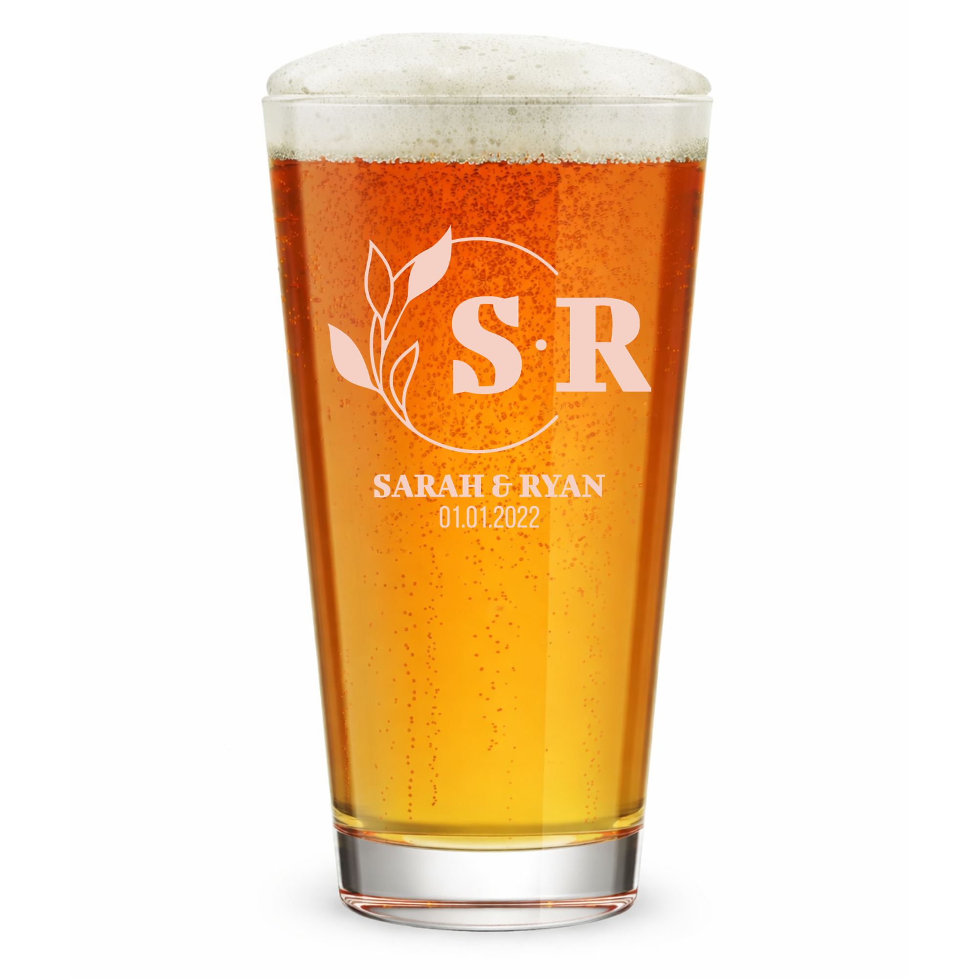 Personalized Wedding Themed Pint Glass with Names Custom Engraved 16 oz Tall Pint Glass
