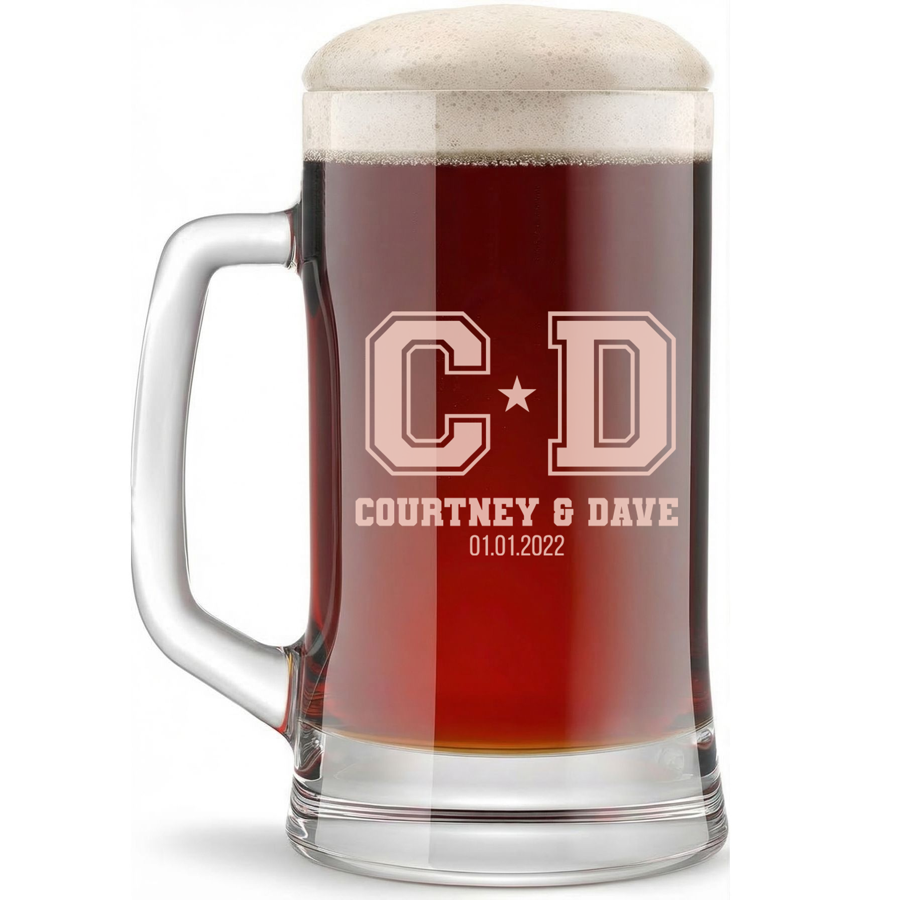Personalized Wedding Themed Beer Mug with Names Custom Engraved 16 oz Glass Beer Mug