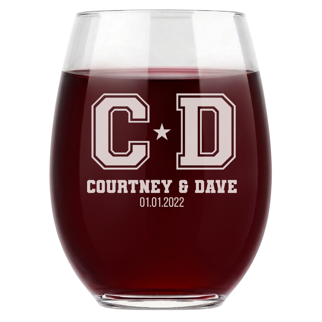 Personalized Wedding Themed Wine Glass with Names Custom Engraved 15 oz Stemless Wine Glass
