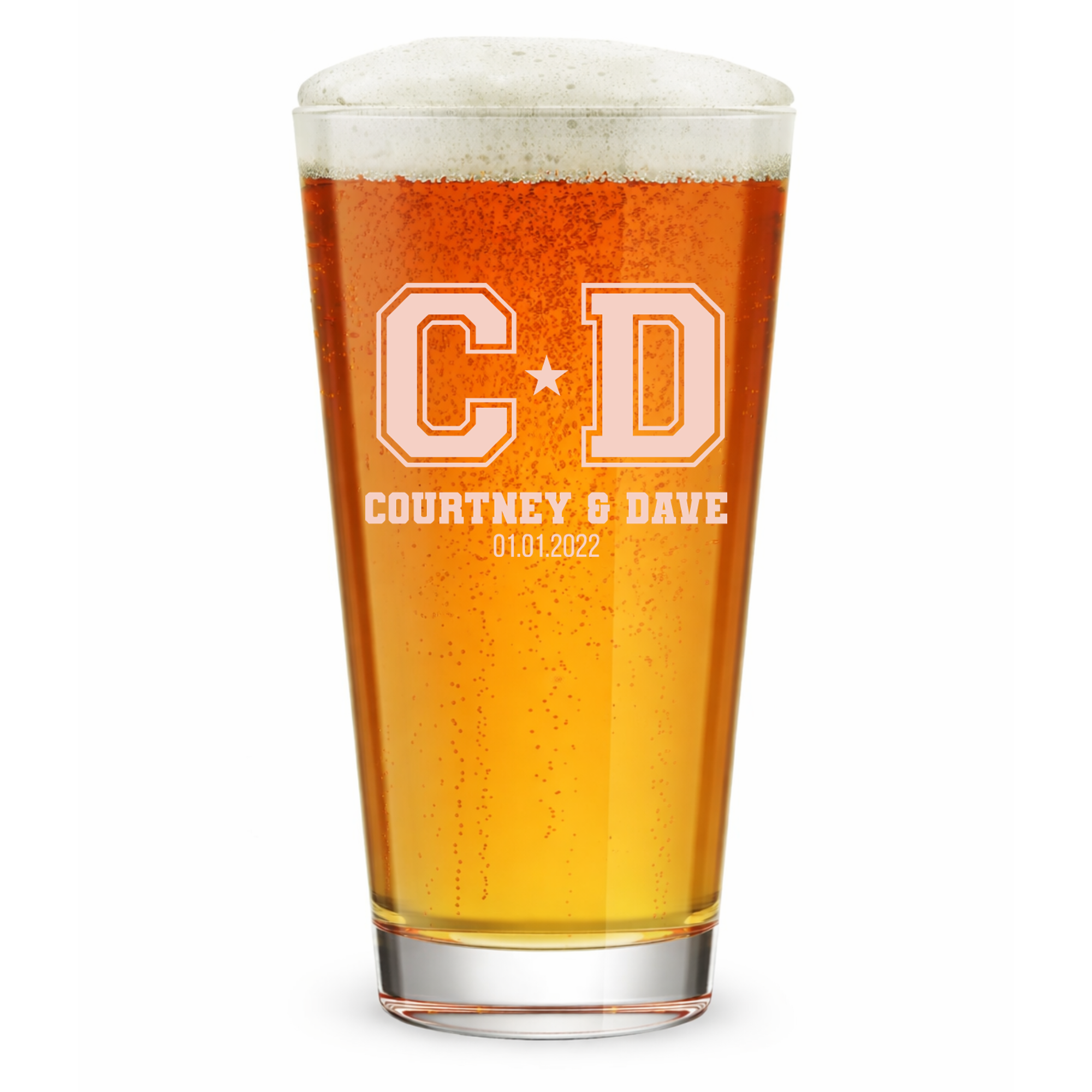 Personalized Wedding Themed Pint Glass with Names Custom Engraved 16 oz Tall Pint Glass