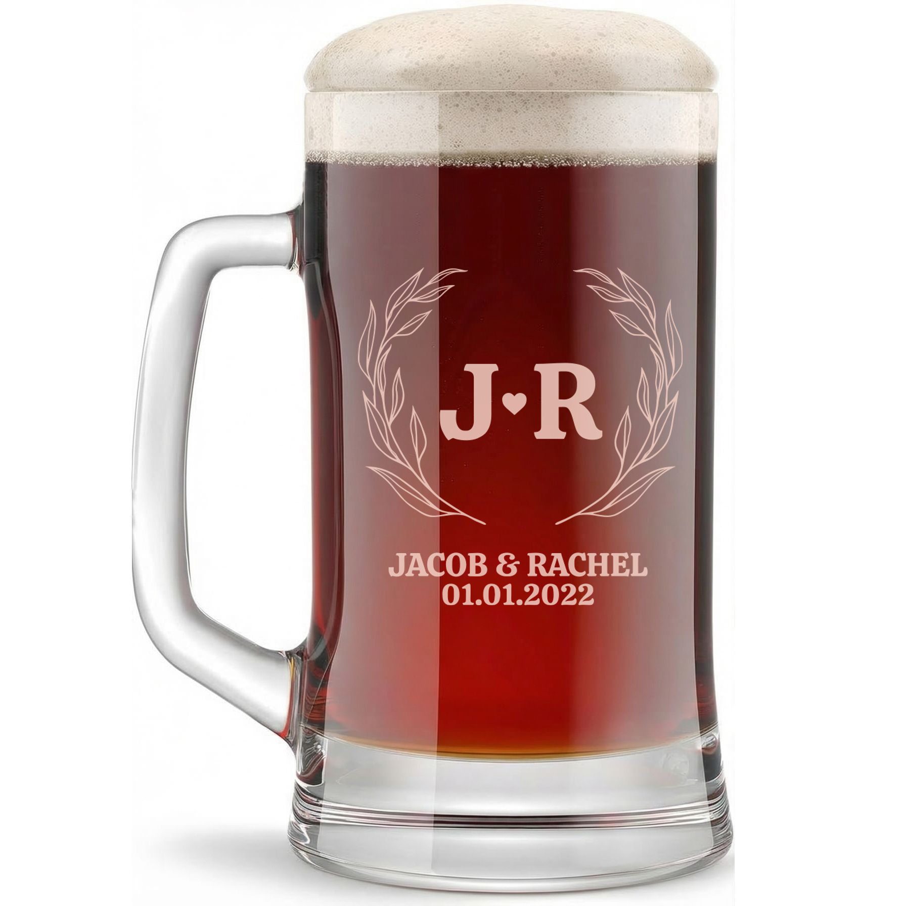 Personalized Wedding Themed Beer Mug with Names Custom Engraved 16 oz Glass Beer Mug