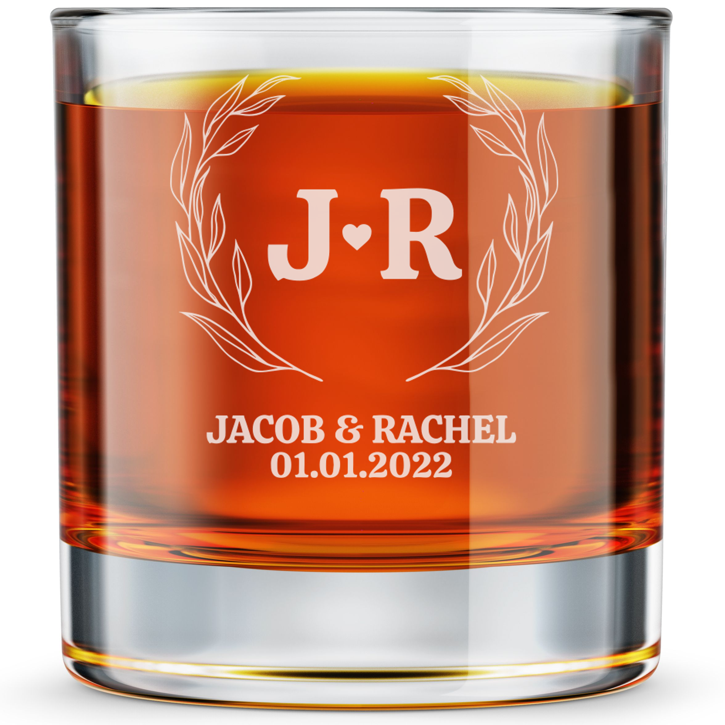 Personalized  Wedding Themed Whiskey Glass with Names Custom Engraved Old Fashioned Glass 11 oz
