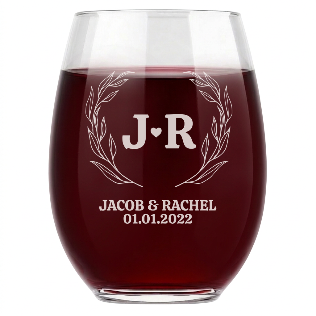 Personalized Wedding Themed Wine Glass with Names Custom Engraved 15 oz Stemless Wine Glass