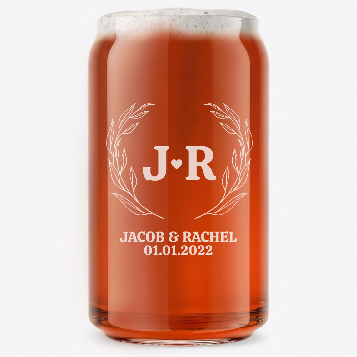 Personalized Wedding Themed Beer Can with Names Custom Engraved 16 oz Beer Can Glass