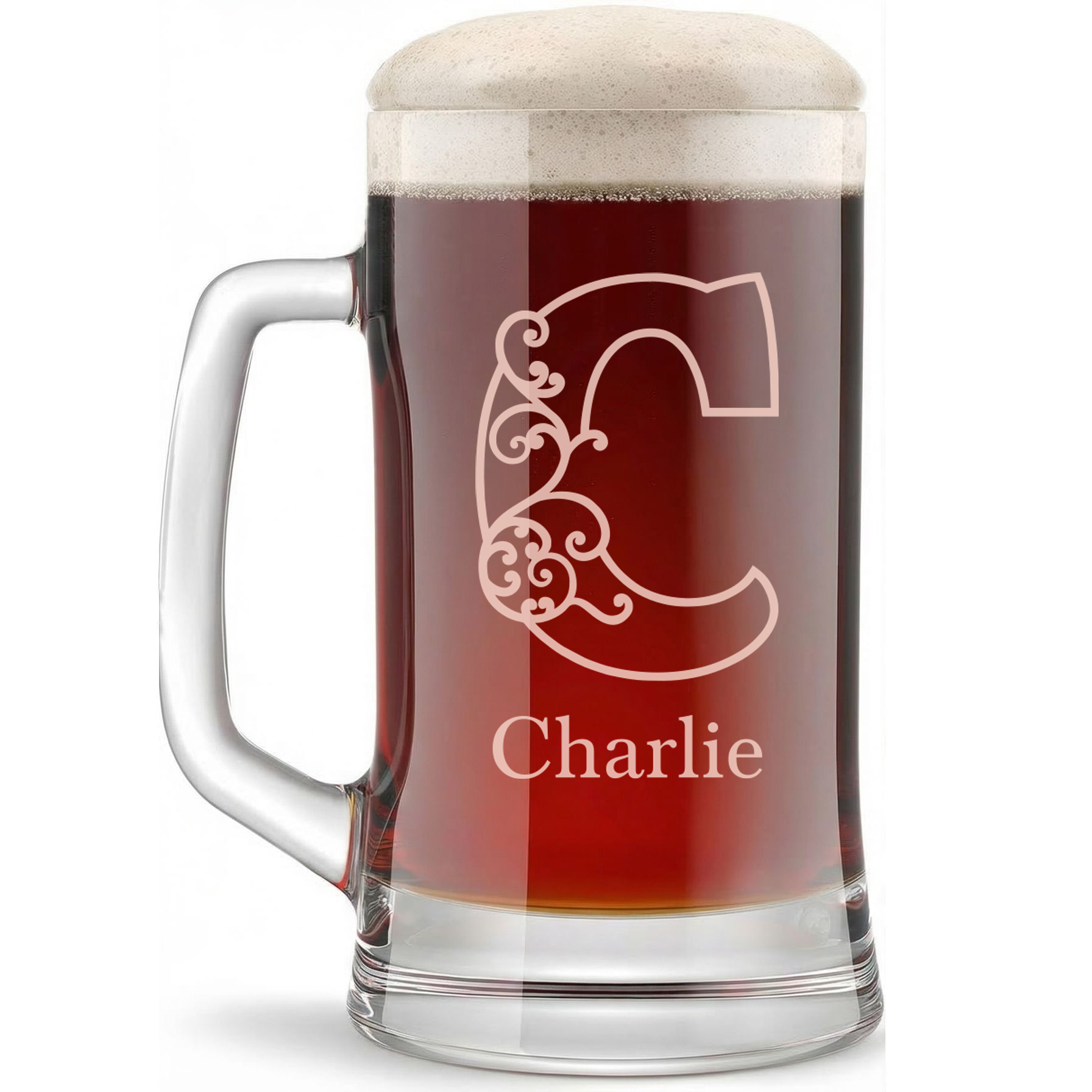 Personalized 1 Letter Floral Themed Monogram Beer Mug Custom Engraved 16 oz Glass Beer Mug