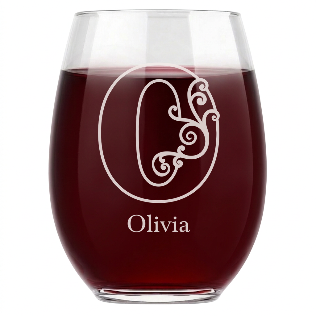 Personalized 1 Letter Floral Themed Monogram Wine Glass Custom Engraved 15 oz Stemless Wine Glass