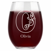 Personalized 1 Letter Floral Themed Monogram Wine Glass Custom Engraved 15 oz Stemless Wine Glass