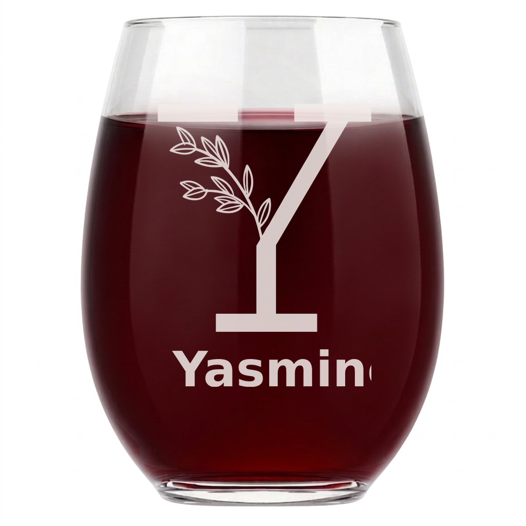Personalized 1 Letter Floral Themed Monogram Wine Glass Custom Engraved 15 oz Stemless Wine Glass
