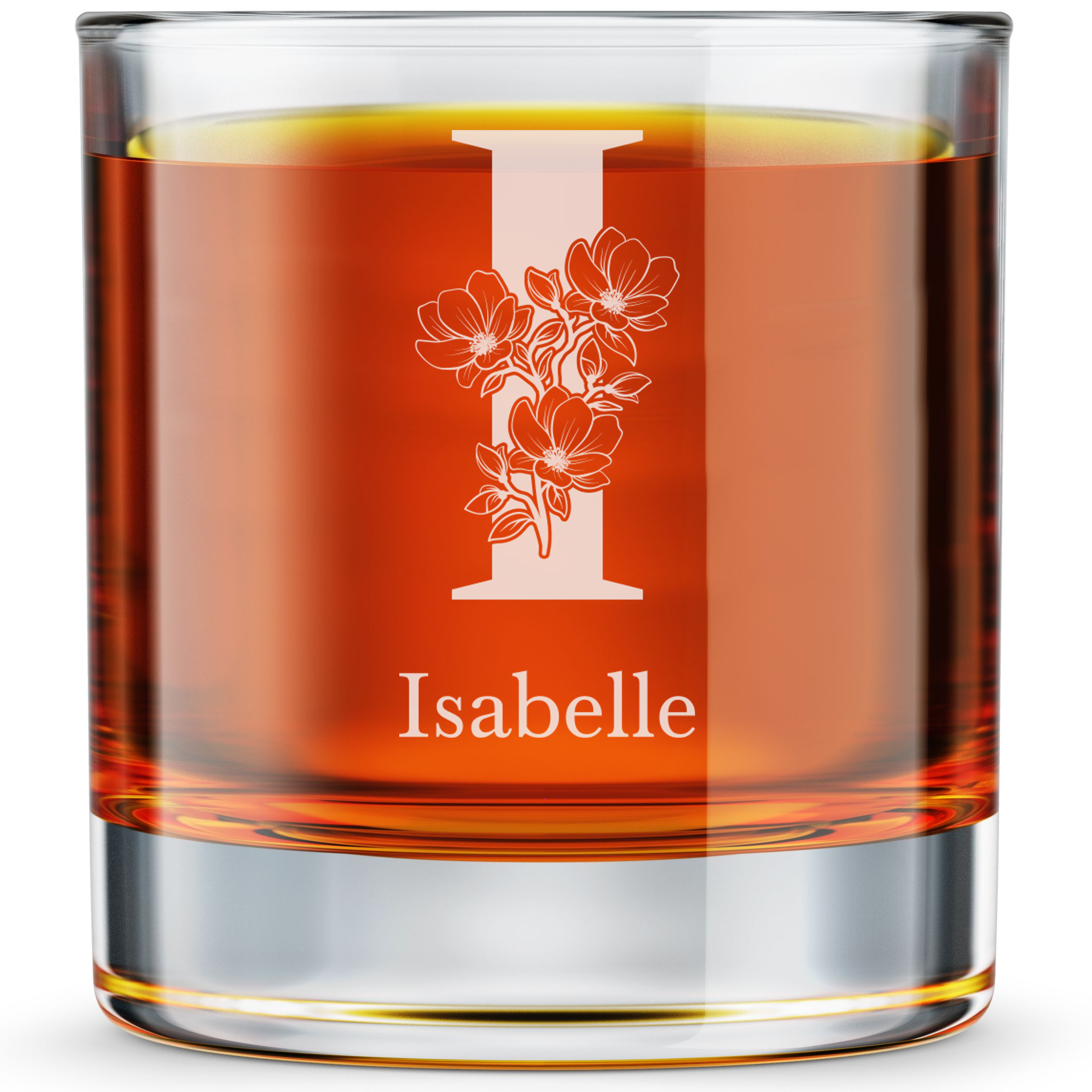 Personalized 1 Letter Floral Themed Monogram Whiskey Glass Custom Engraved Old Fashioned Glass 11 oz